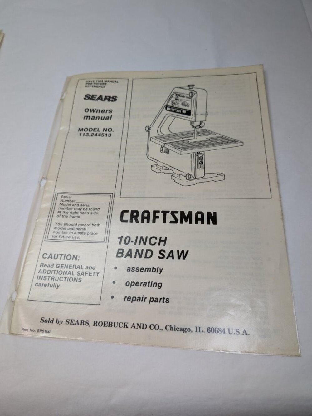 Vintage 1987 Craftsman 10-Inch Band Saw Owner's Manual model 113.244513